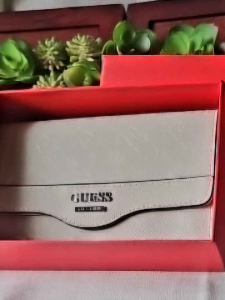 New In Box Guess Flap Beige Wallet With Silver Logo Accent